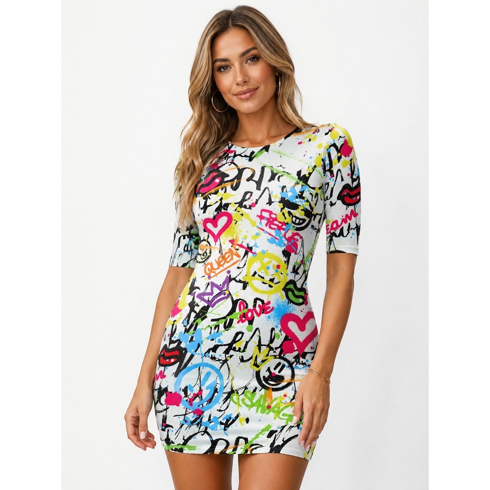 Highlight Womens MEDIUM Graffiti Print Bodycon Mini Dress Neon Streetwear NS234